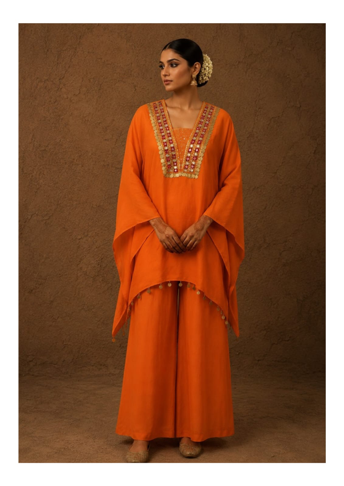 Burnt Orange Embellished Kaftan Co-Ord Set with Palazzo