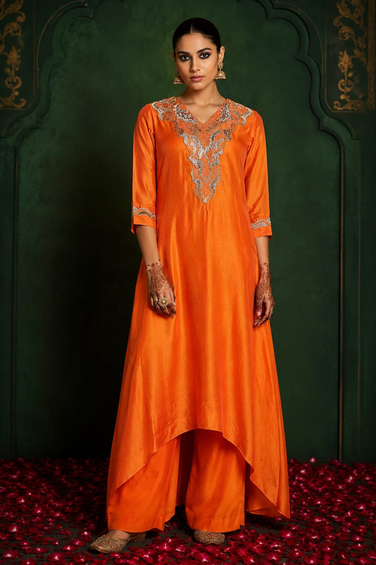 Burnt Orange Embroidered High-Low Kurta Set with Palazzo