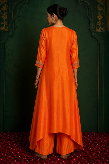 Burnt Orange Embroidered High-Low Kurta Set with Palazzo