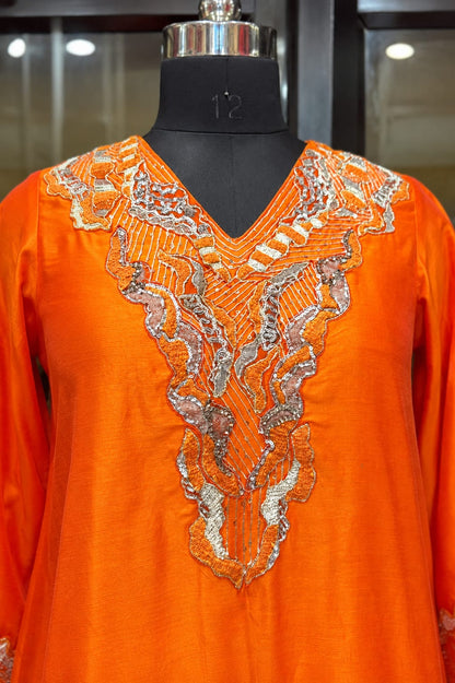 Burnt Orange Embroidered High-Low Kurta Set with Palazzo