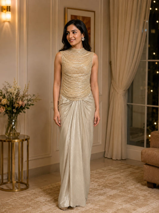 Ivory Embellished Draped Indo-Western cocktail dress