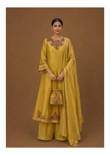 PASTEL MUSTARD YELLOW CHANDERI A-LINE SUIT