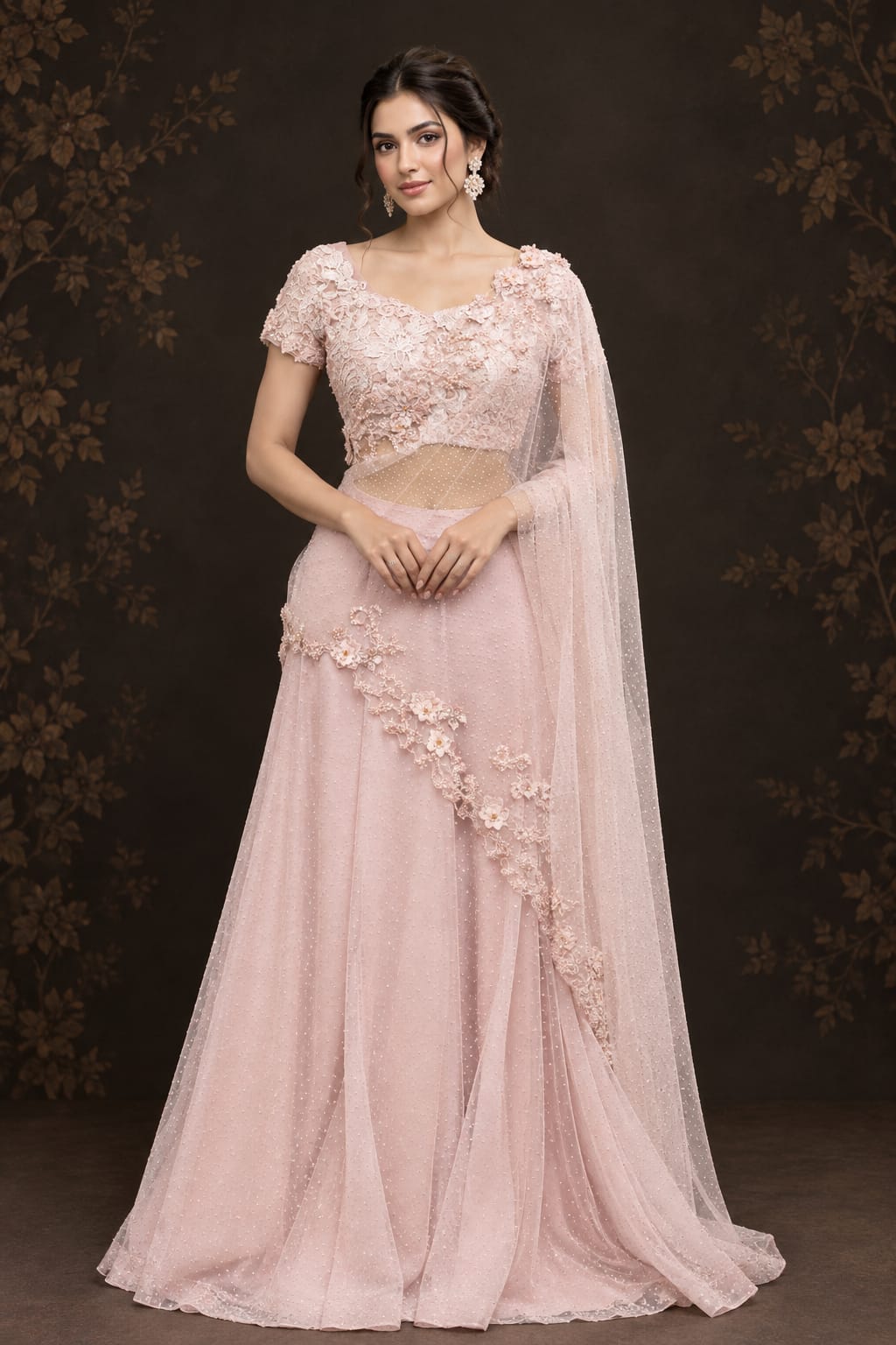 Soft pastel blush-pink lehenga in a delicate, flowy fabric with a subtle net.