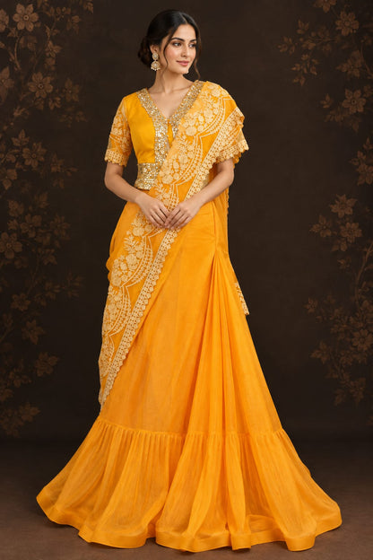 Bright mustard-yellow Lehanga Saree .
