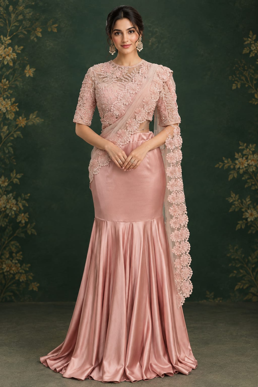 Soft blush-pink satin  cocktail saree
