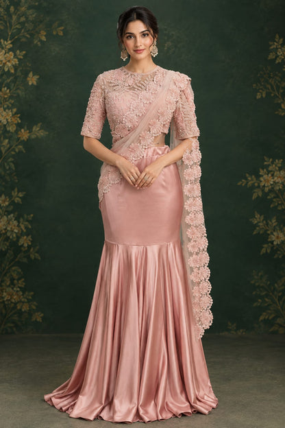 Soft blush-pink satin  cocktail saree