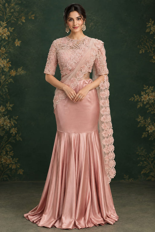 Soft blush-pink satin  cocktail saree