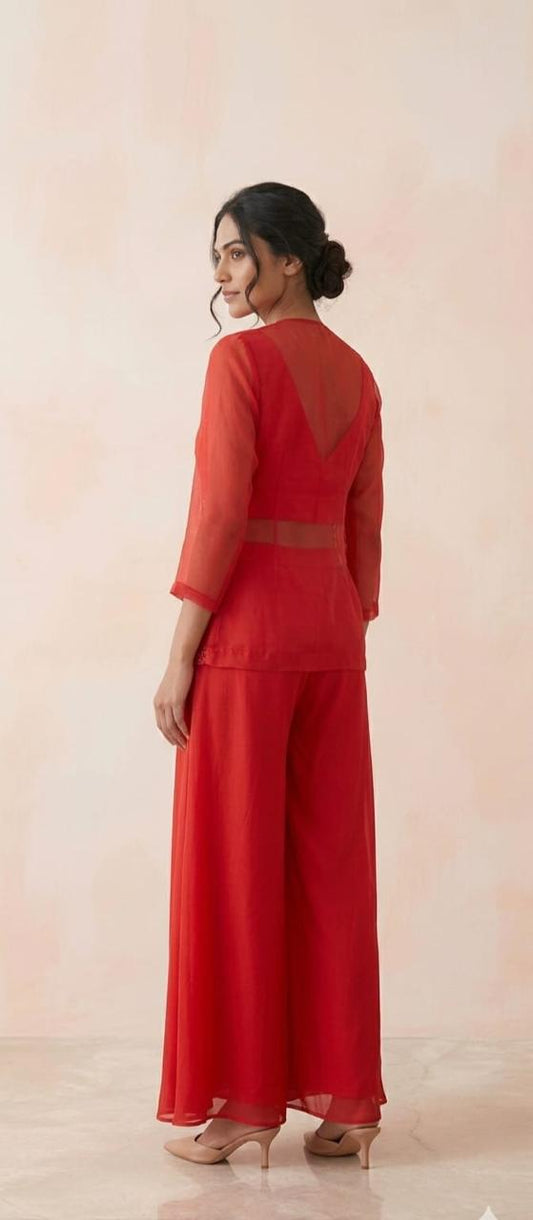 Red organza jacket with red cutdana work & bustier or pant