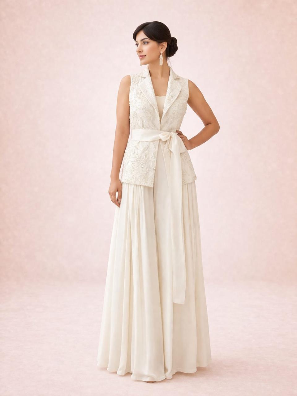 Off white  long jacket with cutdana & satin box pleats plazzo