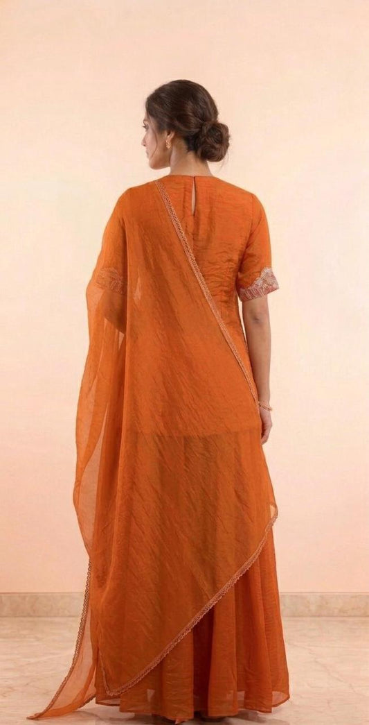 Orange kurta with embellished neckline and flare sharara