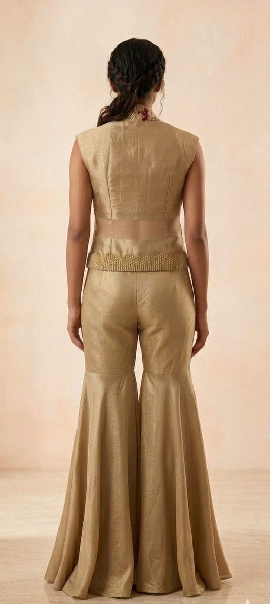 Golden heavy wool & zardozi work on jacket top with flared pant