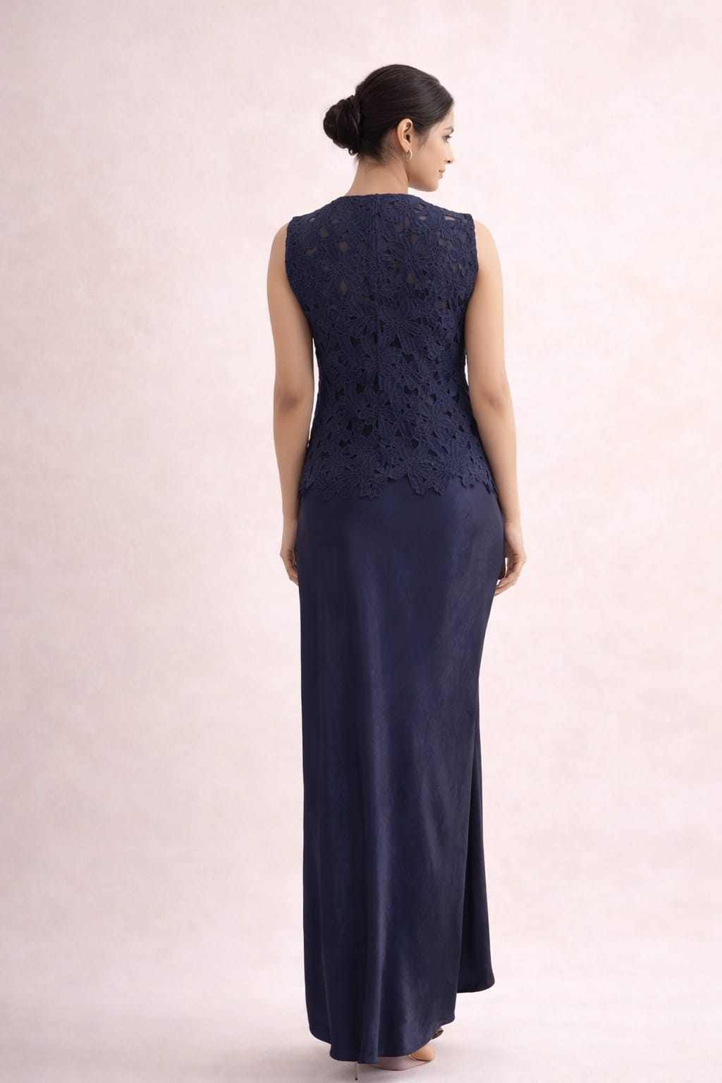 3pc navy blue cordset cutwork top with bustier & drape