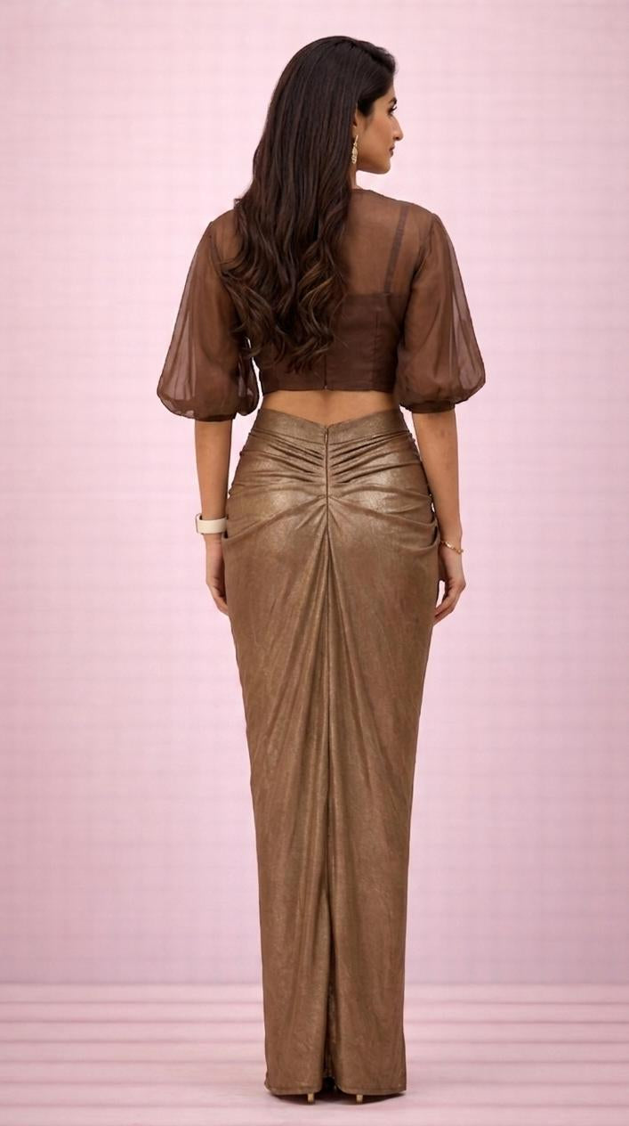 Chocolate Brown sheer organza Balloon sleeves shirt with lycra drape skirt