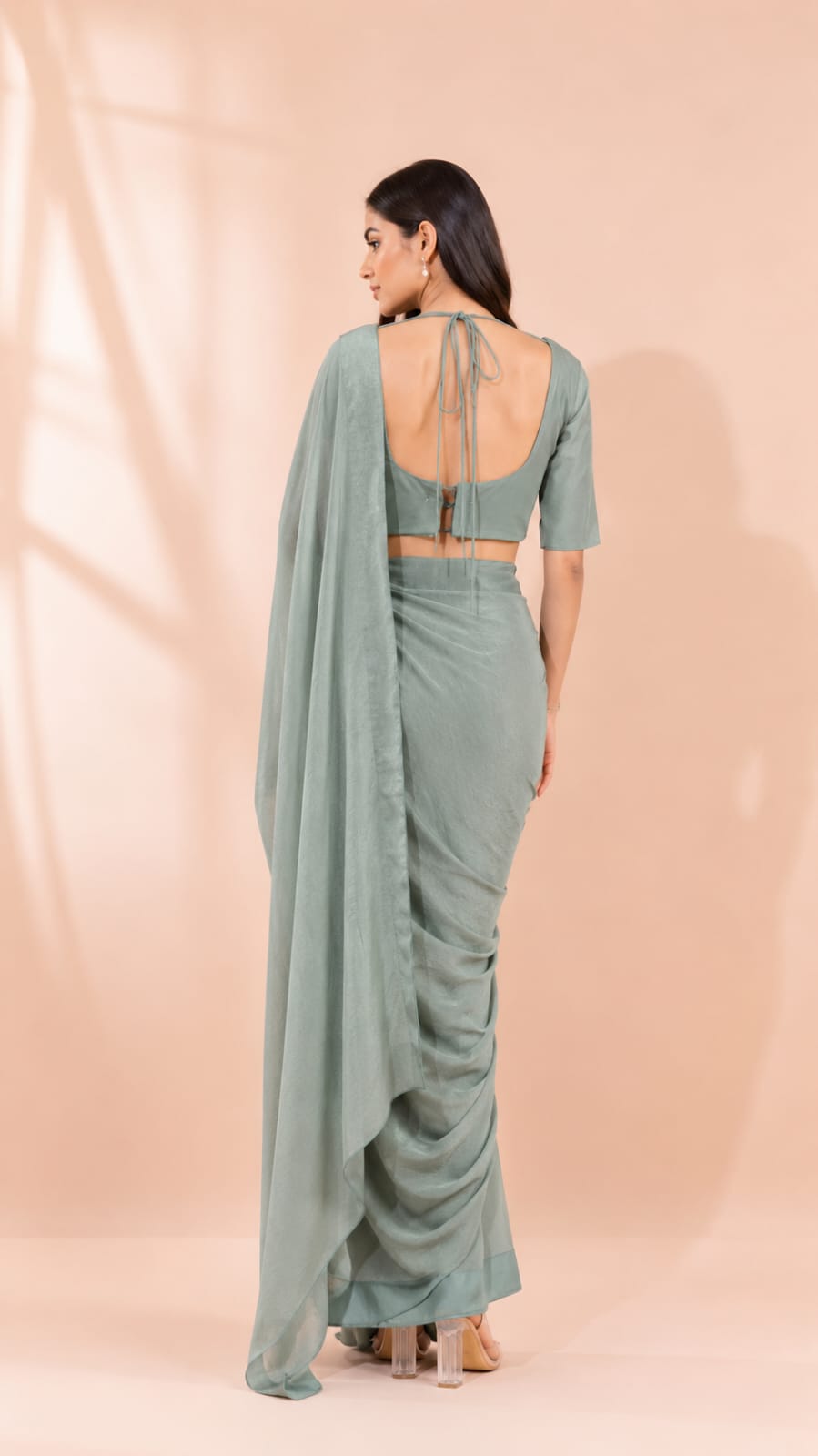 Sage Green Saree with Floral Applique Embroidery and High-Neck Blouse