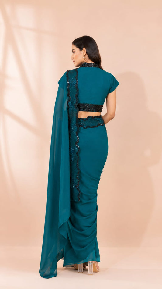 peacock Saree with Embellished Scalloped Border and Collar-Neck Blouse