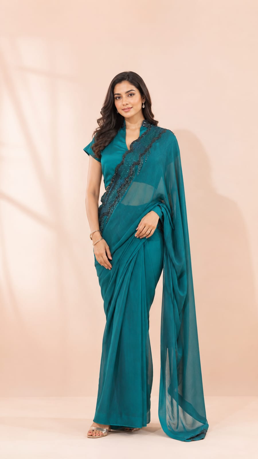 peacock Saree with Embellished Scalloped Border and Collar-Neck Blouse