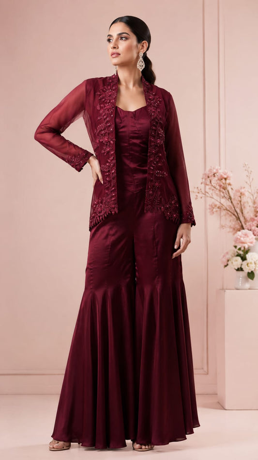 Chic Wine-Red Sharara Co-ord Set with Sheer Jacket