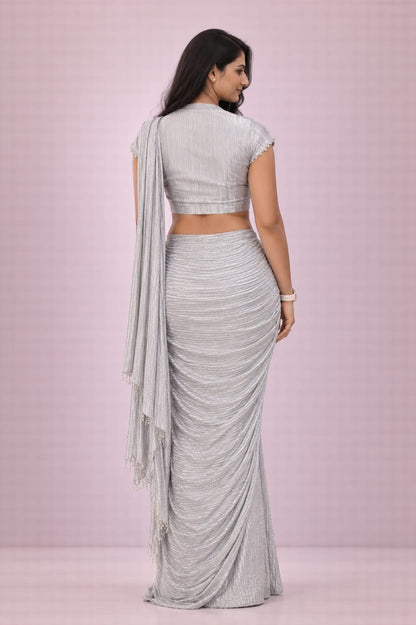 Silver Crushed satin saree  with heavy work on blouse