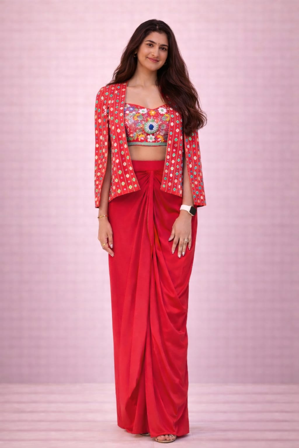 Magenta 3pc set of mirroor work on short coat cape & colourful thread Bustier & Drape