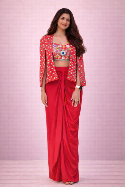 Magenta 3pc set of mirroor work on short coat cape & colourful thread Bustier & Drape