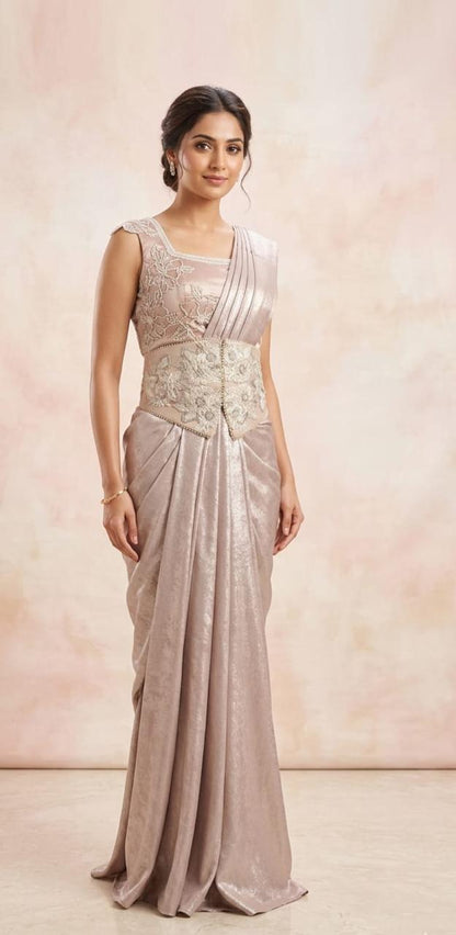 Champagne drape saree with heavy work on blouse and belt