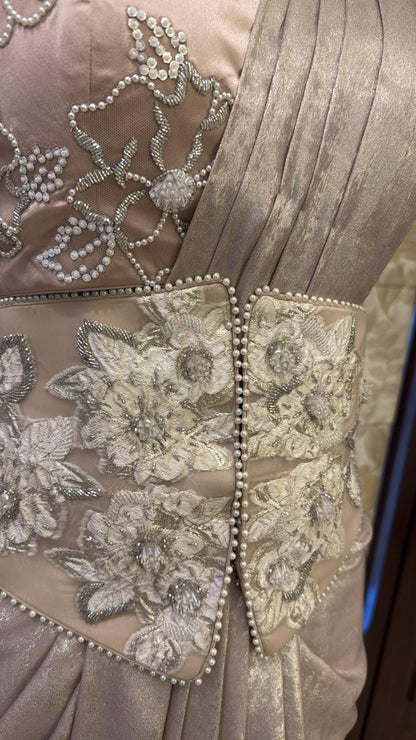 Champagne drape saree with heavy work on blouse and belt