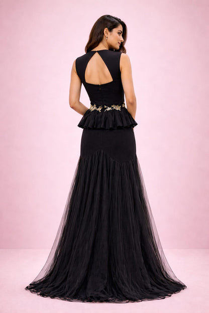Crepe peplum corset with asymmetrial cut skirt