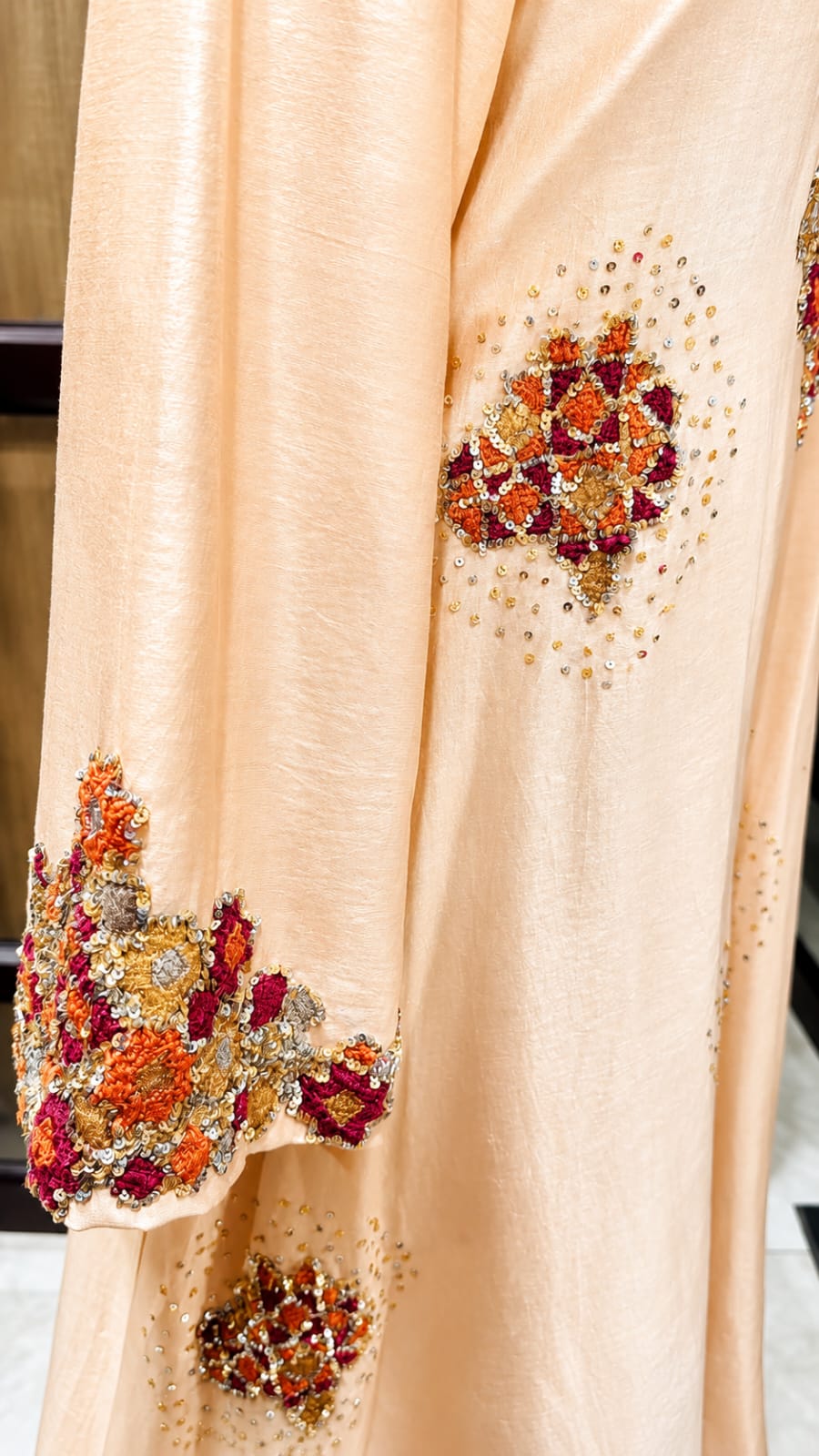 Peach Pink Chanderi Embroidered Asymmetrical Kurta Palazzo Set
