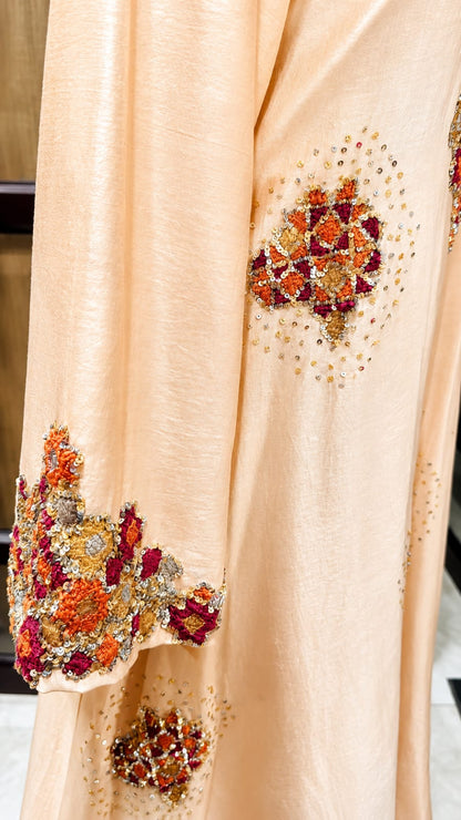 Peach Pink Chanderi Embroidered Asymmetrical Kurta Palazzo Set