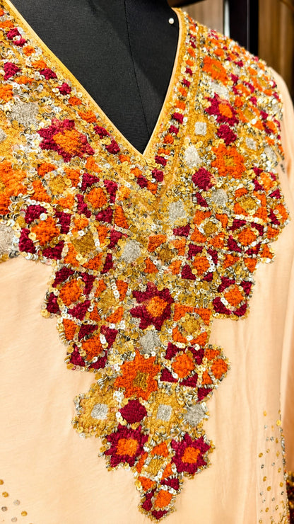 Peach Pink Chanderi Embroidered Asymmetrical Kurta Palazzo Set