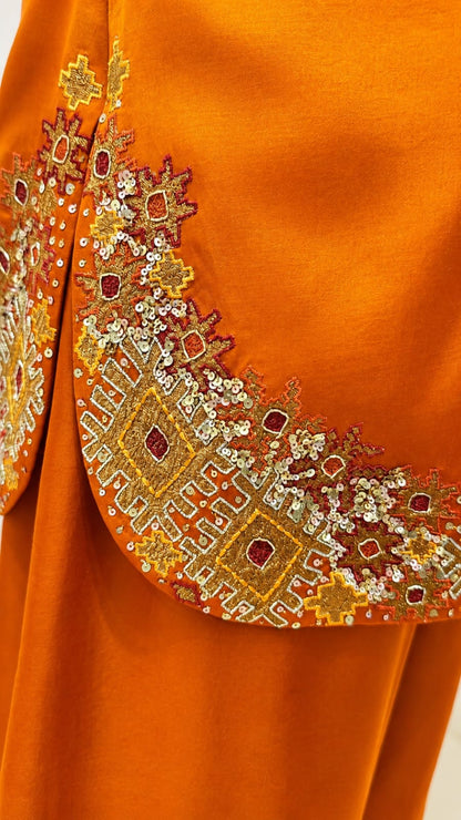 Rust short kurta with sea cut pallazo