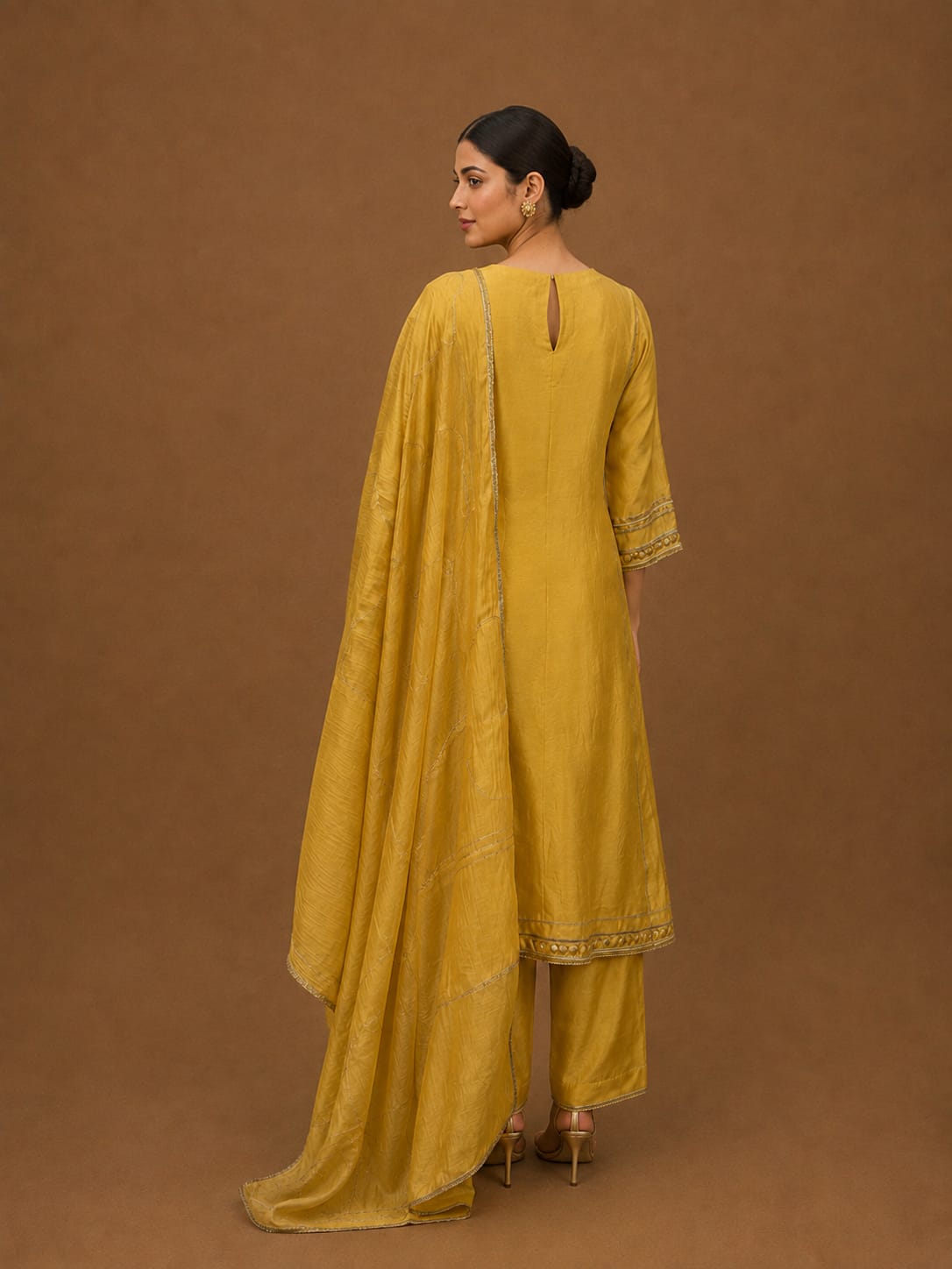 PASTEL MUSTARD YELLOW CHANDERI A-LINE SUIT