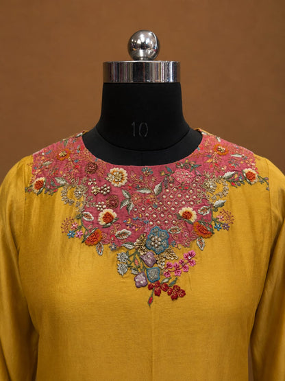 PASTEL MUSTARD YELLOW CHANDERI A-LINE SUIT