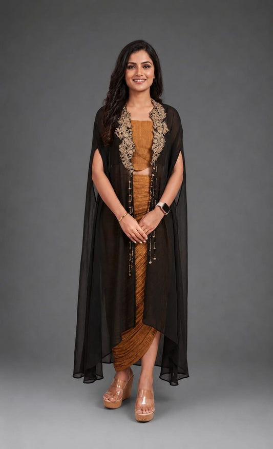 Black cape with crushed tissue skirt & bustier with long hangings on cape