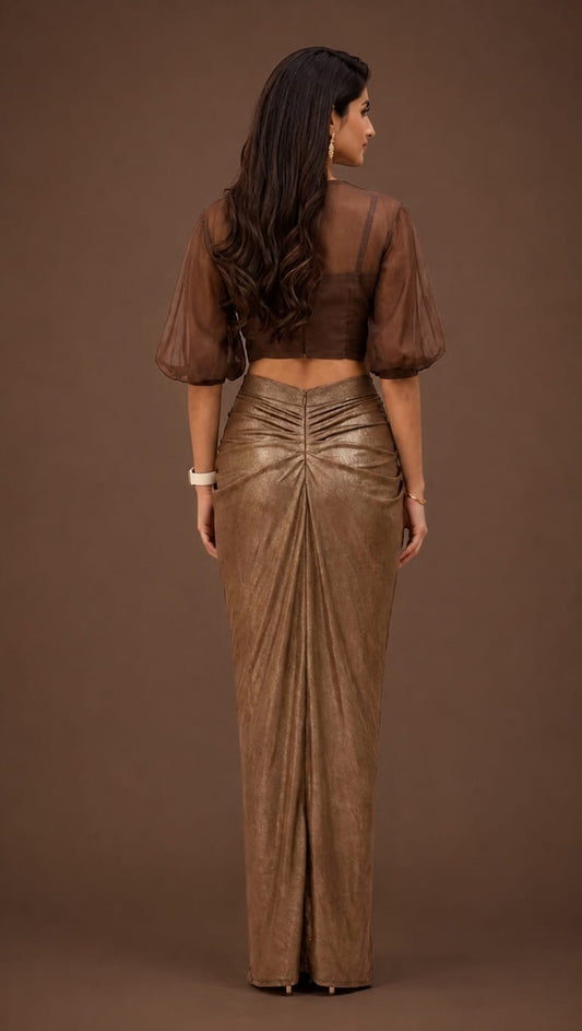 Chocolate Brown sheer organza Balloon sleeves shirt with lycra drape skirt