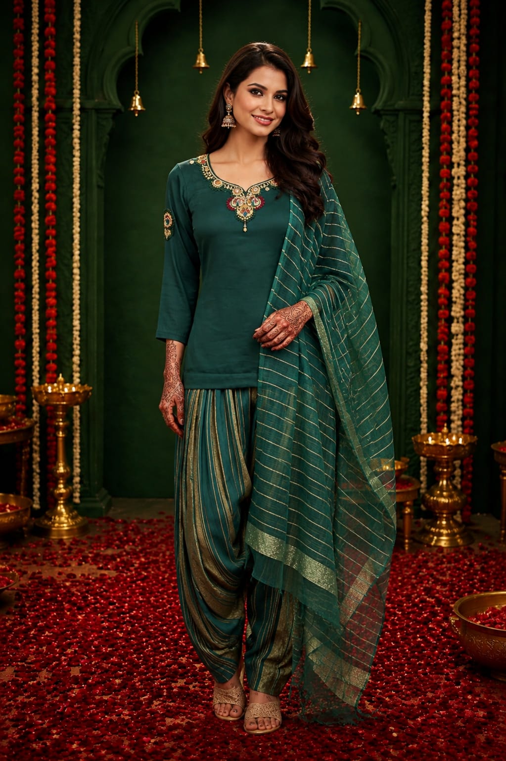 Embellished Green Kurti & Striped Farsi Salwar