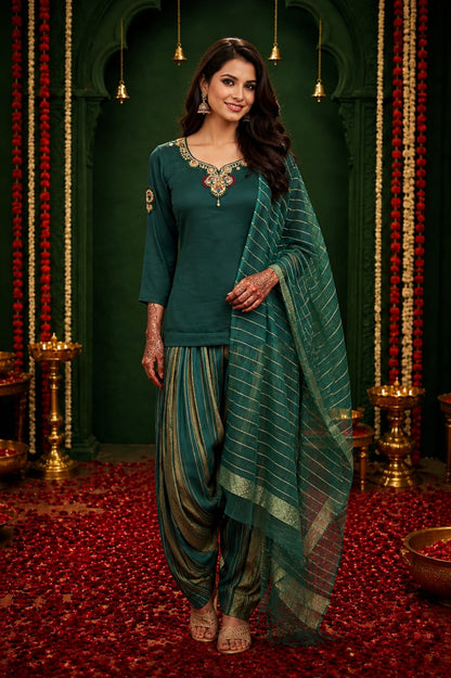 Embellished Green Kurti & Striped Farsi Salwar