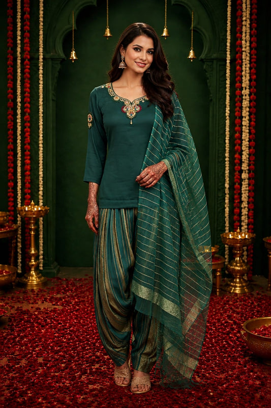Embellished Green Kurti & Striped Farsi Salwar
