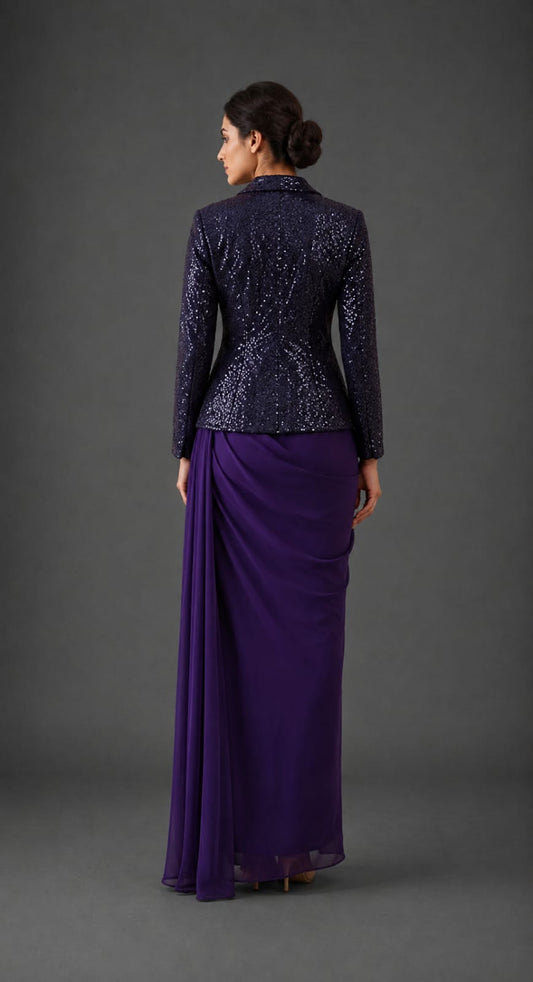 purple sequence coat and drape skirt