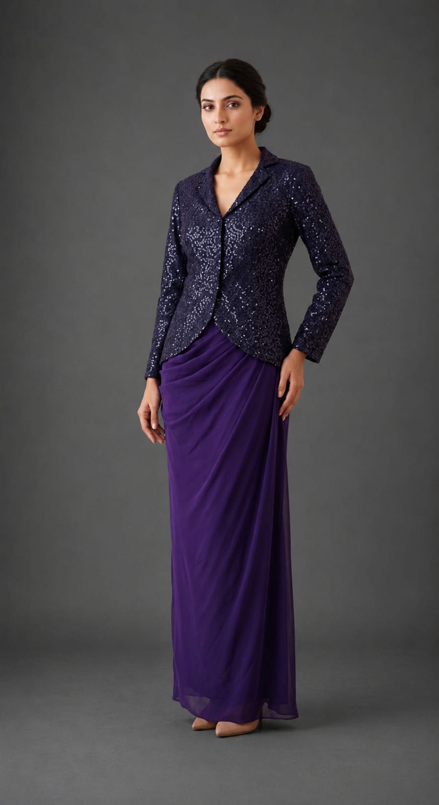 purple sequence coat and drape skirt