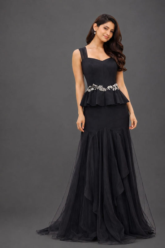 Crepe peplum corset with asymmetrial cut skirt