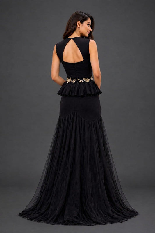 Crepe peplum corset with asymmetrial cut skirt