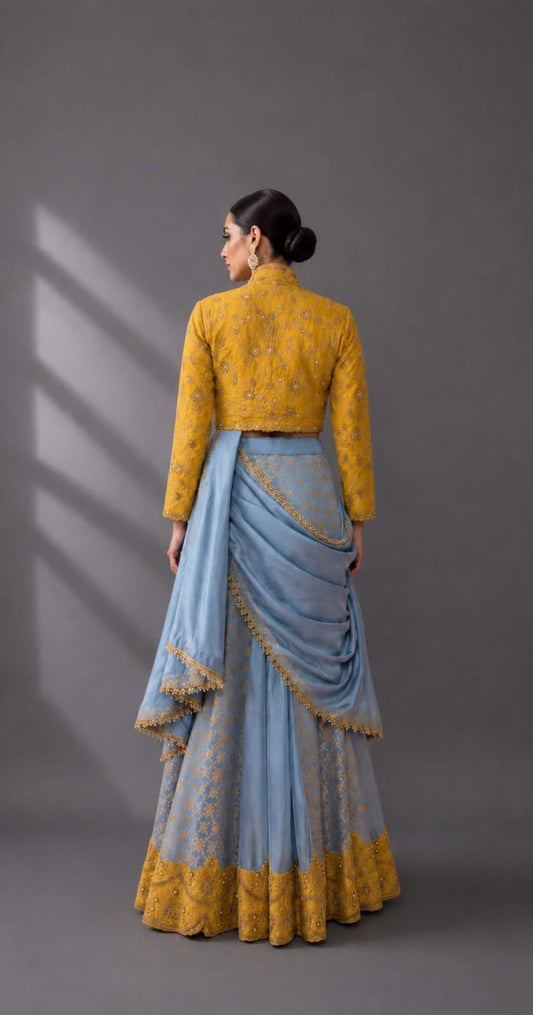 Contemporary Mustard & Dusty Blue Jacket Lehenga