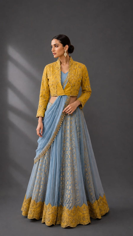 Contemporary Mustard & Dusty Blue Jacket Lehenga