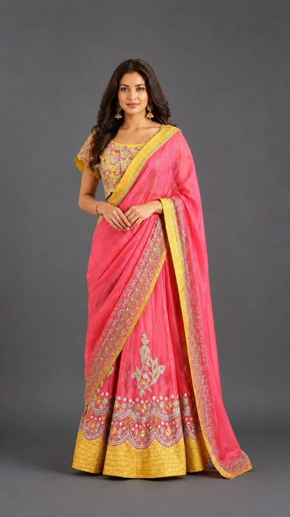 Vibrant Pink & Yellow Lehenga Saree