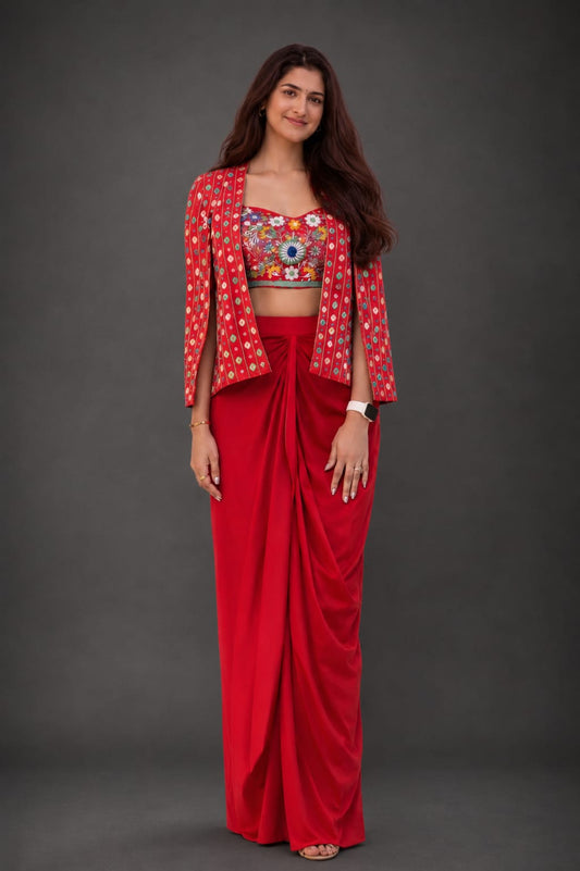 Magenta 3pc set of mirroor work on short coat cape & colourful thread Bustier & Drape