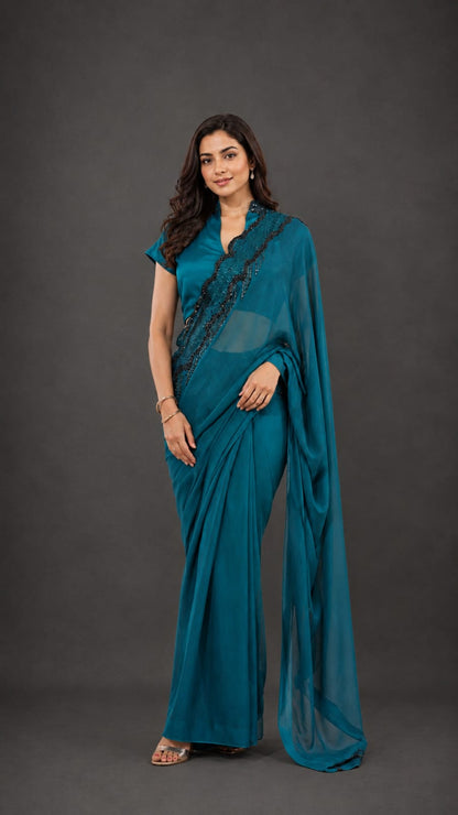 peacock Saree with Embellished Scalloped Border and Collar-Neck Blouse