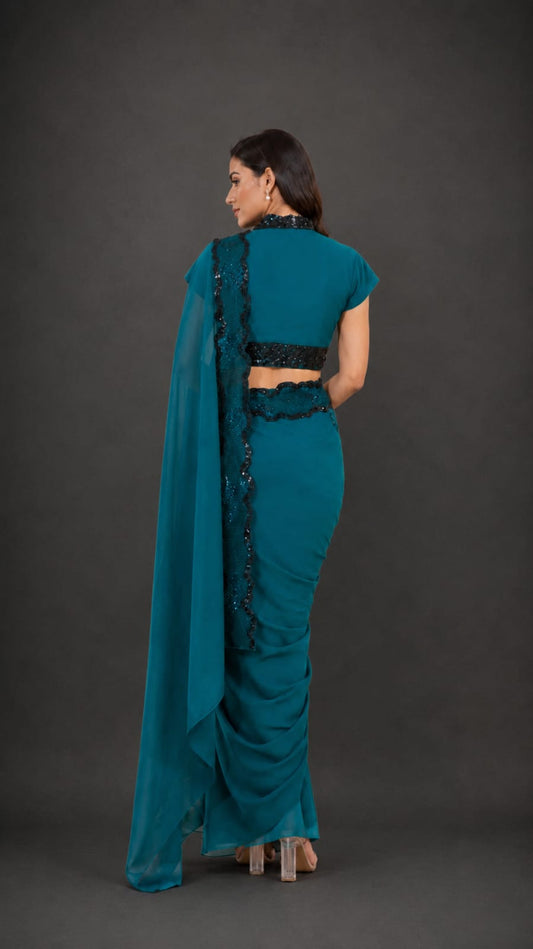peacock Saree with Embellished Scalloped Border and Collar-Neck Blouse