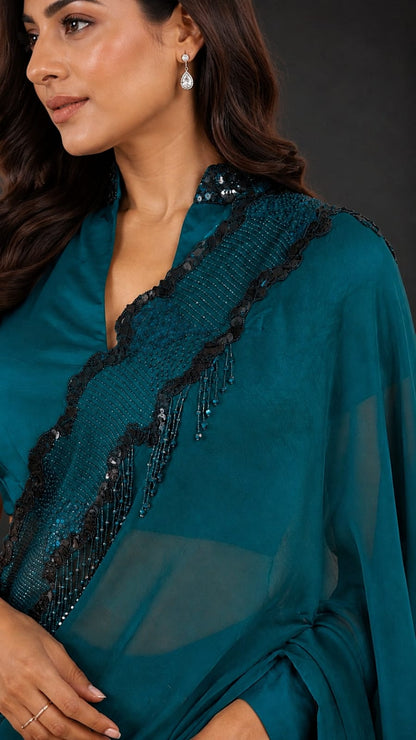 peacock Saree with Embellished Scalloped Border and Collar-Neck Blouse