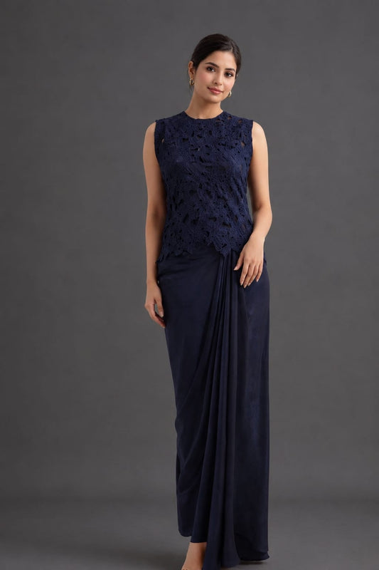 3pc navy blue cordset cutwork top with bustier & drape